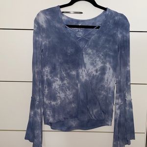 Blue and White Tie-Dyed Flared Sleeve Top
